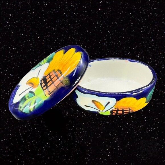 Mexican Pottery Trinket Box Jewelry Storage Box Talavera Pottery Painted Flowers - Picture 1 of 12